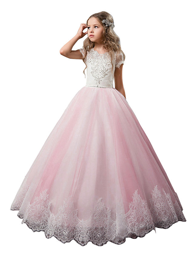 White Long A-line Floor Length Tulle Lace First Communion Flower Girl Dresses