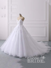 Long Ball Gown Spaghetti Straps Lace Tulle Ruffles Wedding Dresses