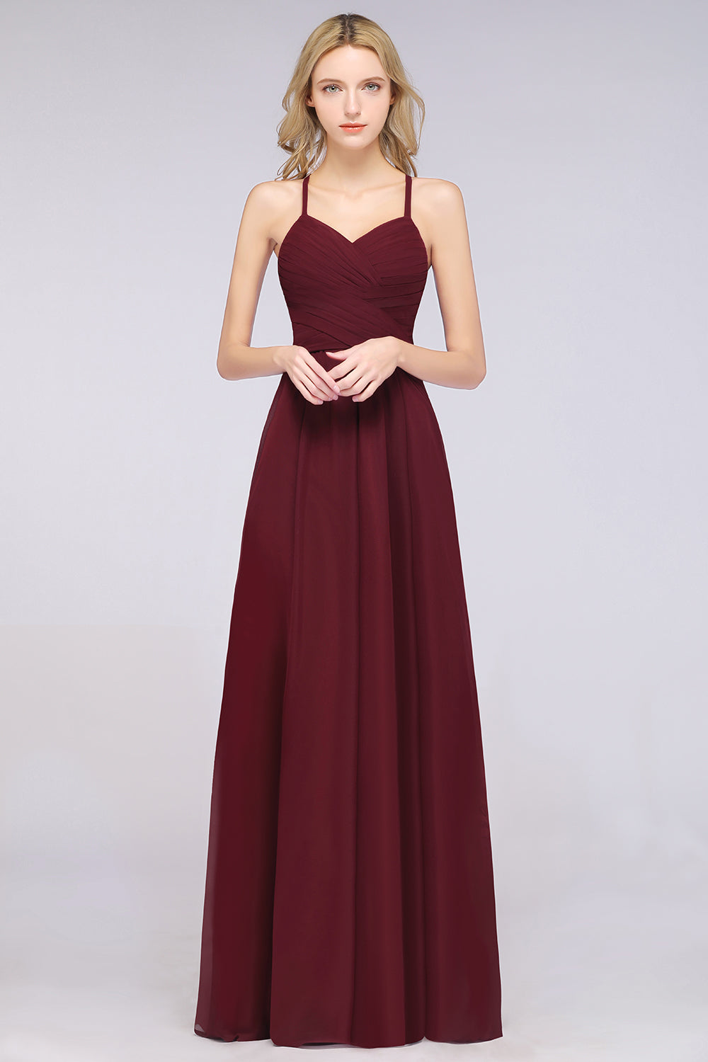 A-Line Chiffon Halter V-Neck Sleeveless Floor Length Bridesmaid Dress with Ruffles