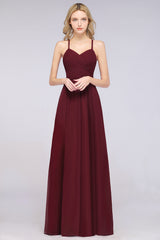 A-Line Chiffon Halter V-Neck Sleeveless Floor Length Bridesmaid Dress with Ruffles