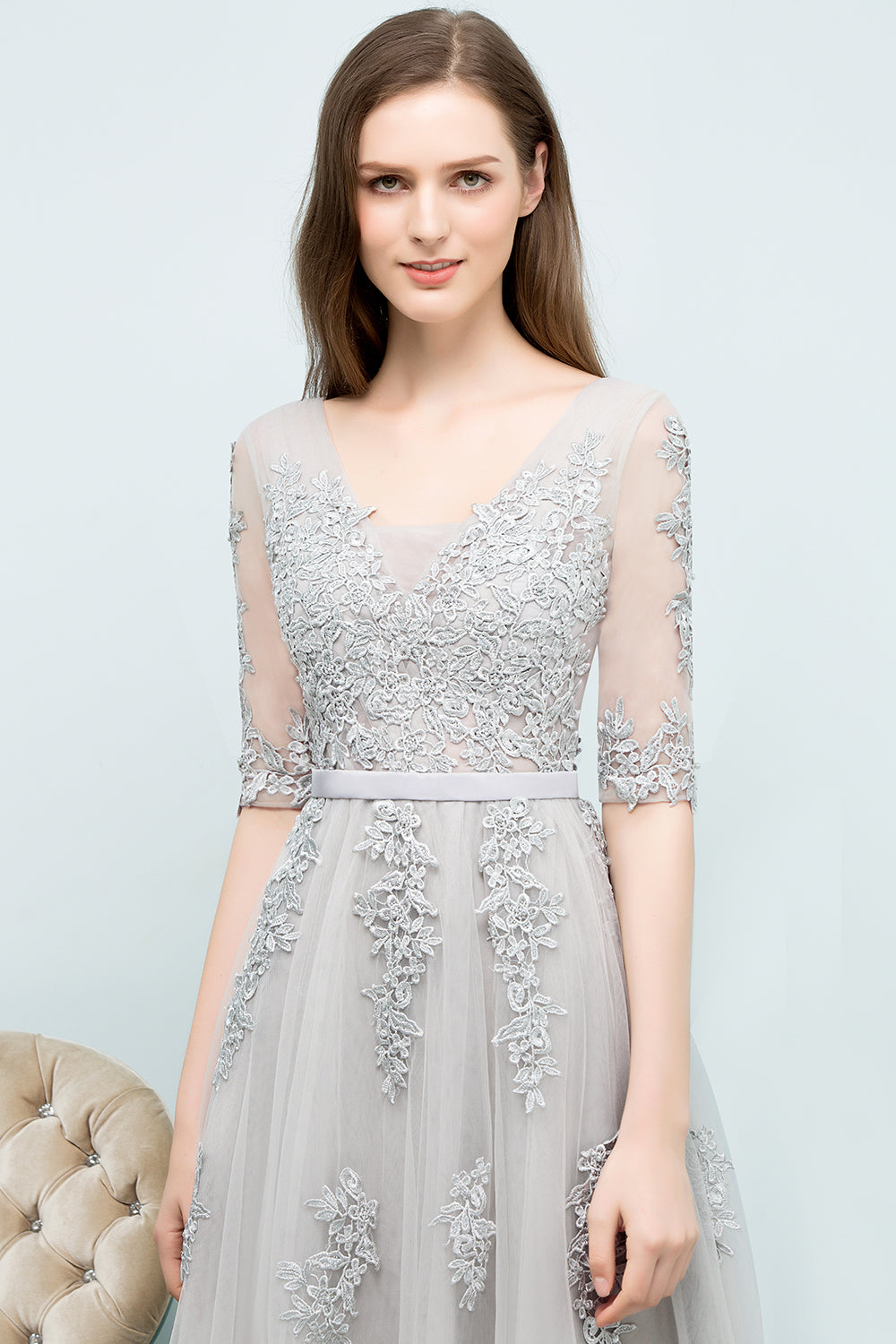 Long V-neck Tulle Lace A-line Evening Dress with Sleeves