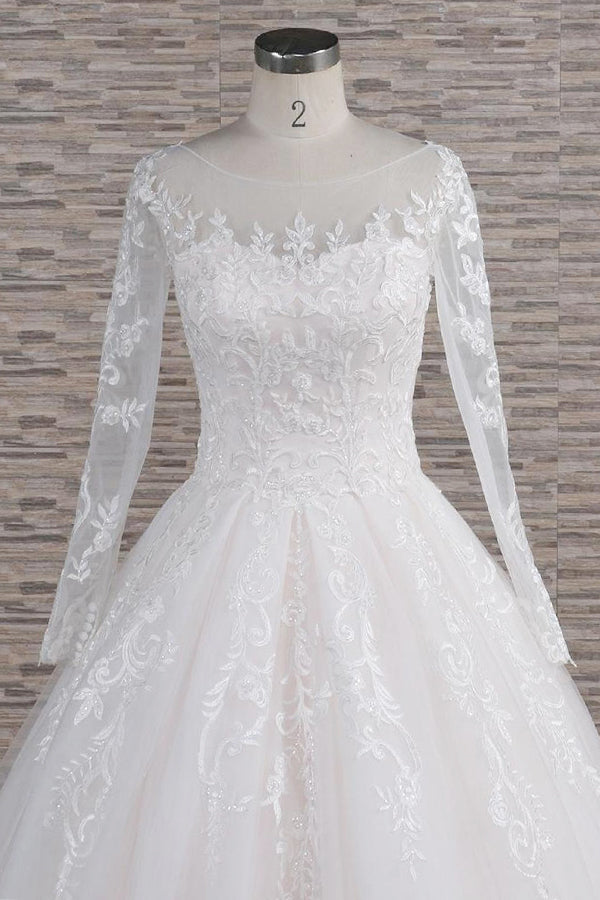 Elegant Long A-line Appliques Lace Tulle Wedding Dress with Sleeves