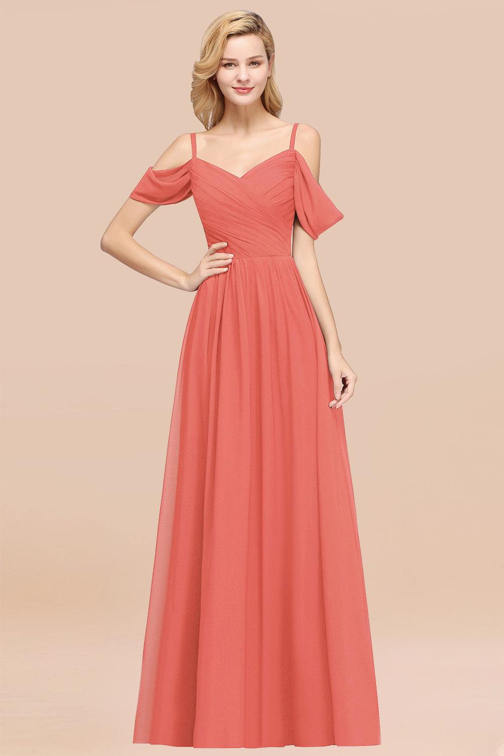 A-Line Chiffon V-Neck Spaghetti Straps Short Sleeves Floor Length Bridesmaid Dresses with Ruffles