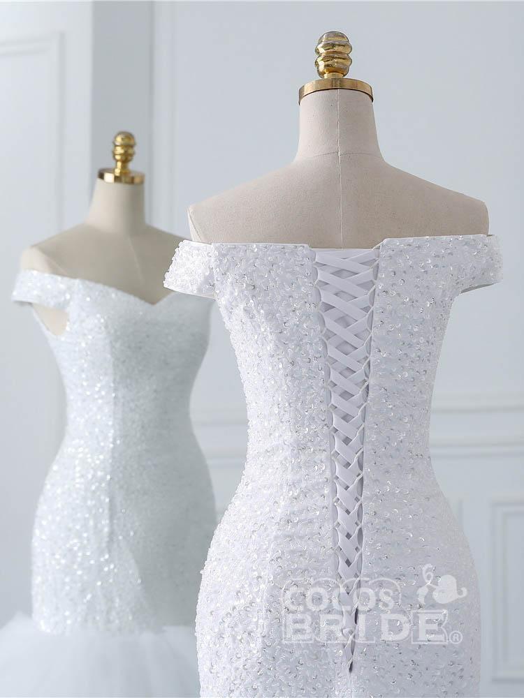 Long Off the Shoulder Mermaid Beads Tulle Wedding Dress