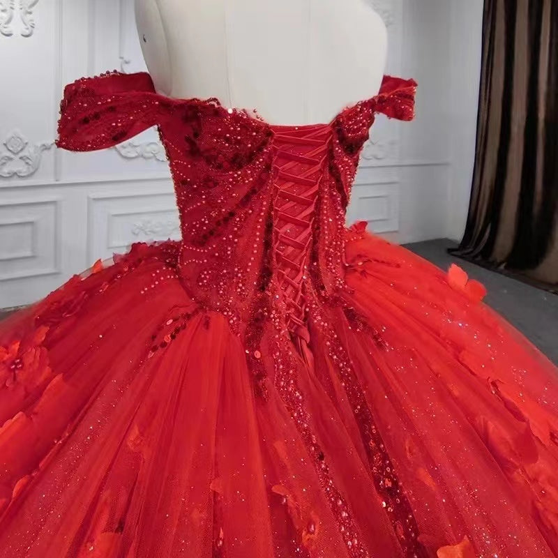 Gorgeous Red Long Ball Gown Off the Shoulder Tulle Lace Wedding Dresses