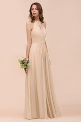Elegant Long A-Line Jewel Ruffle Chiffon Champagne Bridesmaid Dress