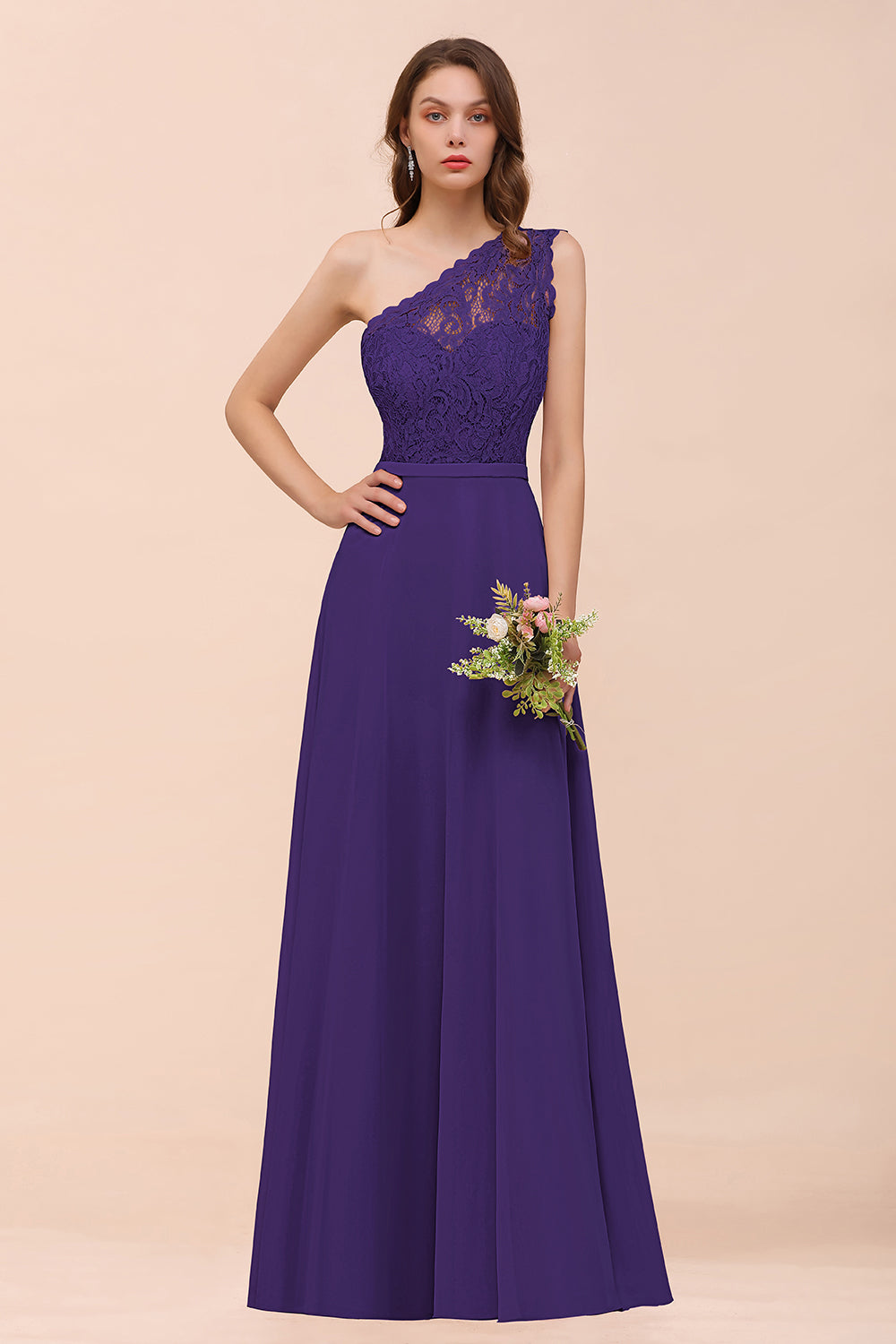 Classy One Shoulder Appliques Lace Floor Length A-Line Chiffon Bridesmaid Dress