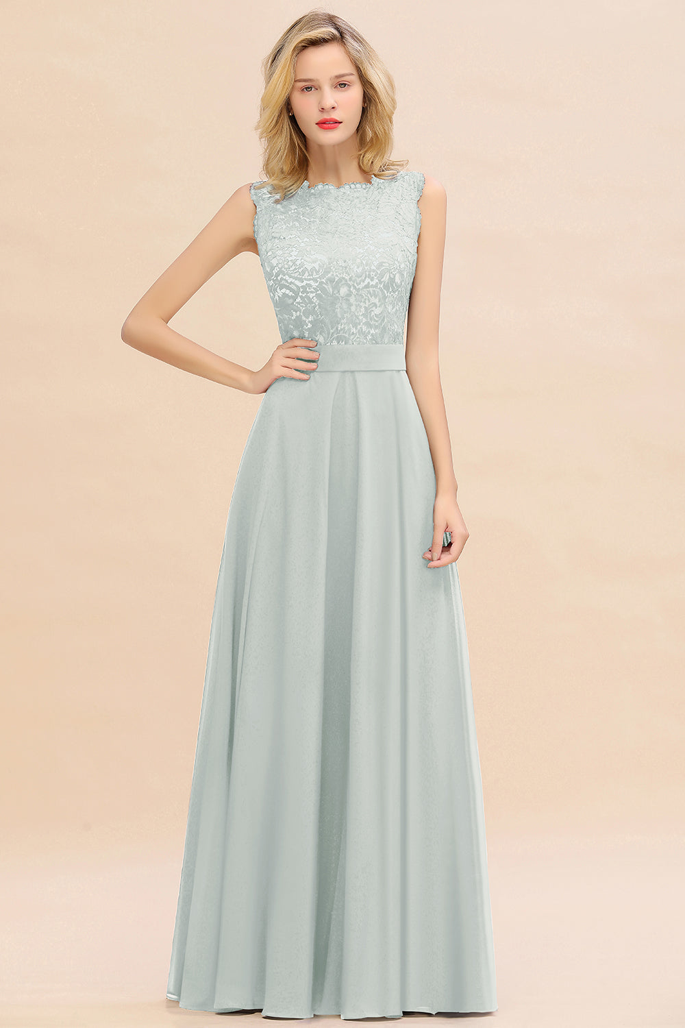 Long A-line Chiffon Lace Sleeveless Bridesmaid Dresses