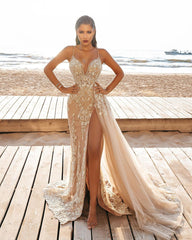 Sexy Long Spaghetti Straps Appliques Lace Mermaid Split Wedding Dress With Side Train