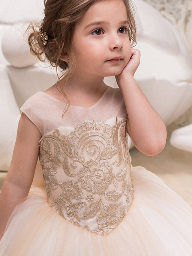 Long Ball Gown Tulle Lace Jewel Neck Flower Girl Dresses with Appliques Lace