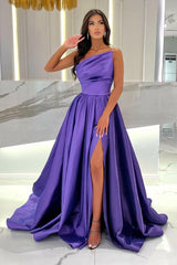 Long A-Line Strapless Satin Floor Length Prom Dress with Front Split