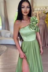 Long A-line One Shoulder Satin Prom Dresses with High Slit