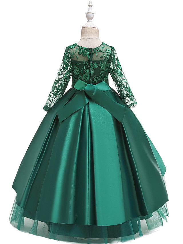 Long Ball Gown Satin Tulle Flower Girl Dresses with Sleeves