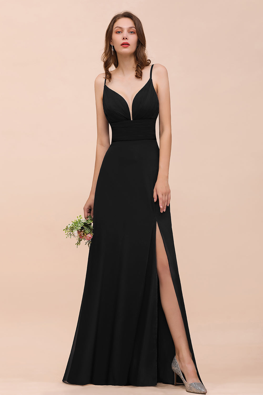 Elegant Black Spaghetti Straps Sweetheart Split Chiffon A-Line Bridesmaid Dress