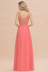 Beautiful Bateau A-line Floor Length Appliques Lace Chiffon Bridesmaid Dress