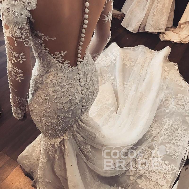 Gorgeous Mermaid Illusion Long Sleeves Tulle Appliques Wedding Dress