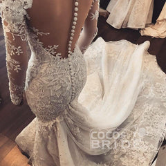 Gorgeous Mermaid Illusion Long Sleeves Tulle Appliques Wedding Dress