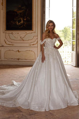 Long Flower Off The Shoulder A Line Open Back Floor Length Wedding Dress