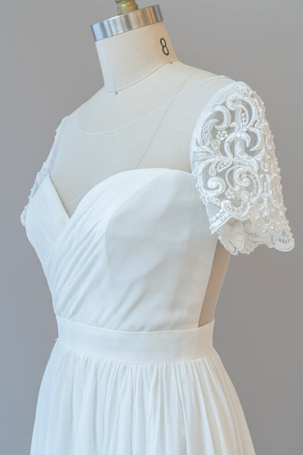Long Sweetheart Ruffle Chiffon A-line Wedding Dress with Short Sleeve