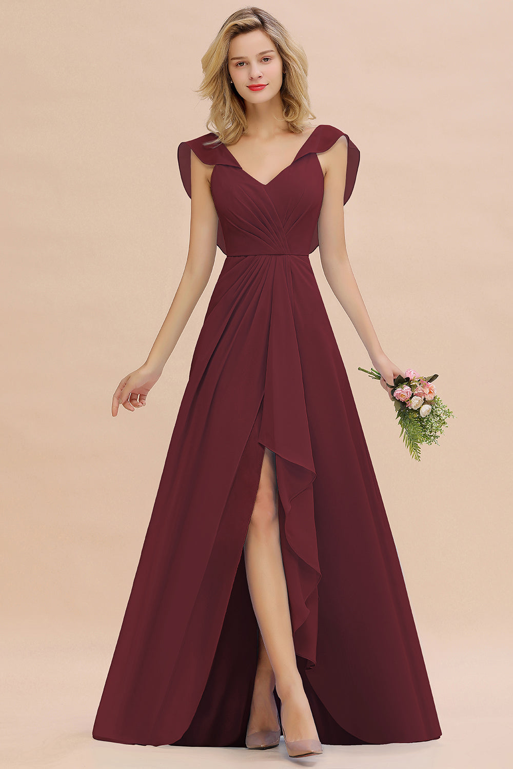Simple High Low A-line V-Neck Ruffles Chiffon Bridesmaid Dress