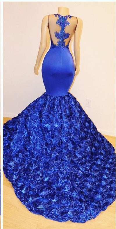 Royal Blue Long Flowers Sleeveless Mermaid Prom Dress With Lace Appliques