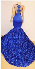 Royal Blue Long Flowers Sleeveless Mermaid Prom Dress With Lace Appliques