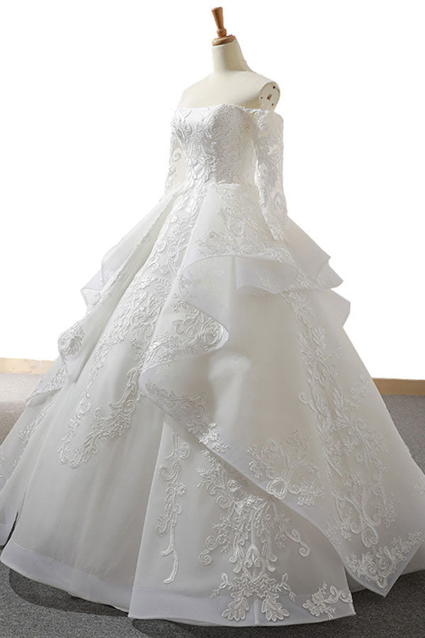 Luxury Lace-up Off The Shoulder Long Sleeves Tulle Wedding Dress