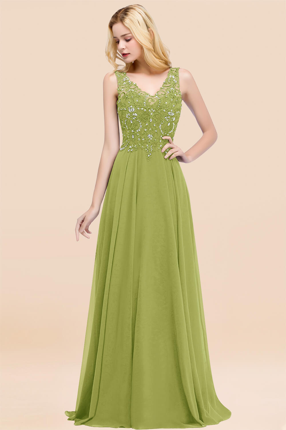 A-line Chiffon Appliques V-neck Sleeveless Floor Length Bridesmaid Dresses with Crystals