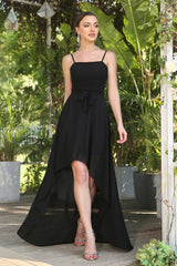 High Low Chiffon Spaghetti Straps Backless Black Party Dress