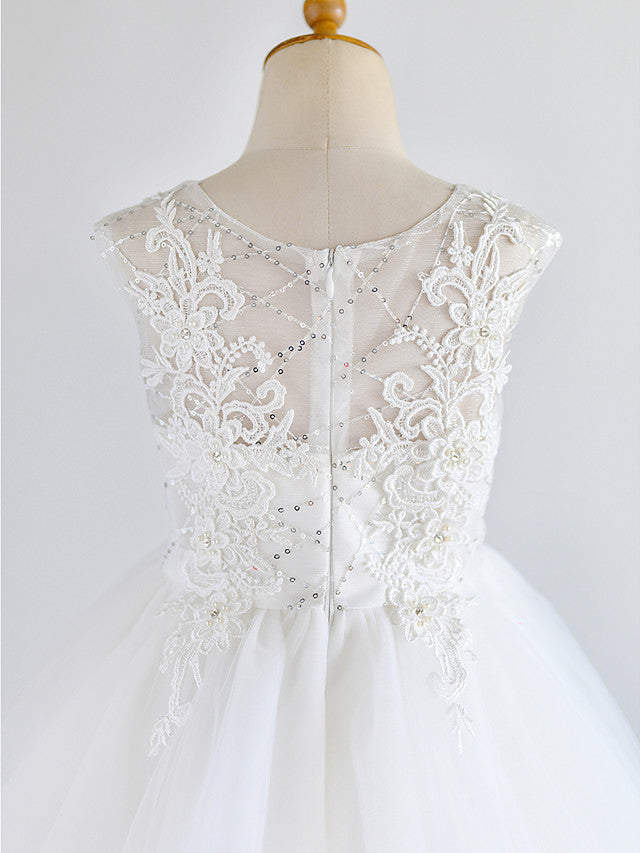 White Ball Gown Tulle Sleeveless Jewel Neck Lace Birthday Flower Girl Dresses