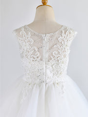 White Ball Gown Tulle Sleeveless Jewel Neck Lace Birthday Flower Girl Dresses