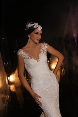 Charming Long Mermaid V-neck Sleeveless Tulle Lace Wedding Dress