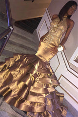 Long Halter Appliques Satin Mermaid Prom Dress