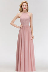 A-line Sleeveless Halter Long Lace Chiffon Bridesmaid Dresses
