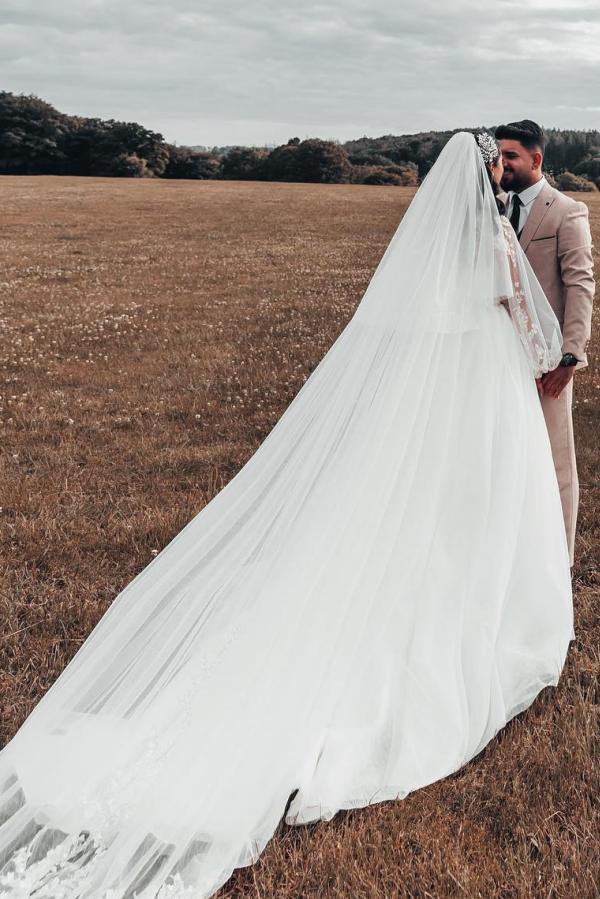Modest Boho Long A-line One Shoulder Tulle Wedding Dress with Sleeves