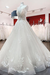 Long A-line V-neck Spaghetti Straps Tulle Wedding Dress with Lace Ruffles
