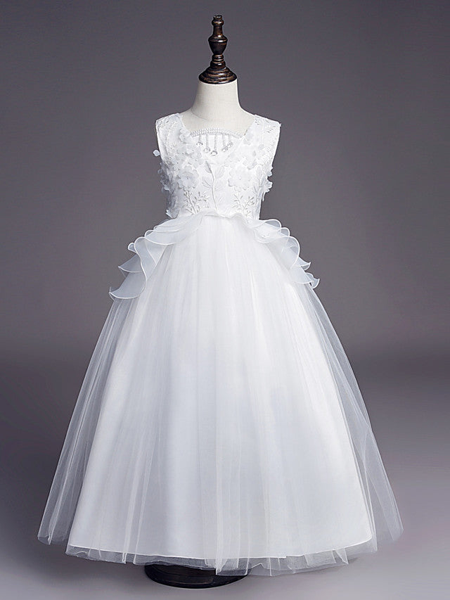 White Long A-line Tull Lace Sleeveless Jewel Neck Flower Girl Dresses