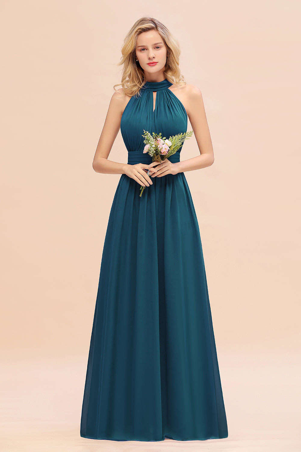 Dusty Sage Long High Neck Chiffon Bridesmaid Dresses with Ruffle
