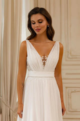 Elegant Long A-line V-Neck Sleeveless Chiffon Backless Wedding Dresses