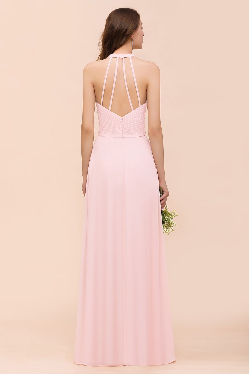 Simple Pink V-Neck Bridesmaid Dress A-Line Chiffon Wedding Guest Dress