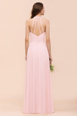 Simple Pink V-Neck Bridesmaid Dress A-Line Chiffon Wedding Guest Dress