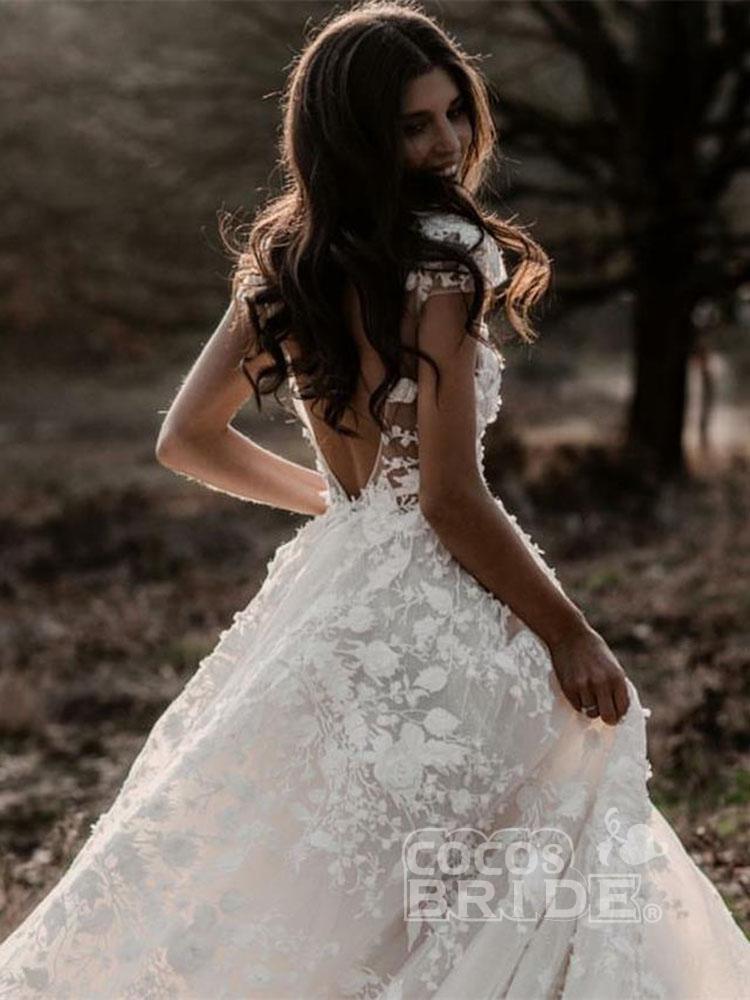 Long Lace V Neck Backless A Line Wedding Dresses with Short Sleeve