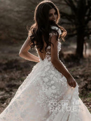 Long Lace V Neck Backless A Line Wedding Dresses with Short Sleeve