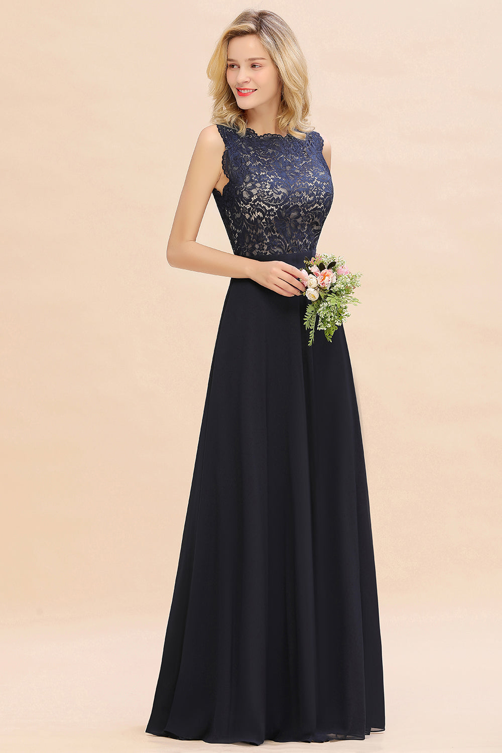 Long A-line Chiffon Lace Sleeveless Bridesmaid Dresses
