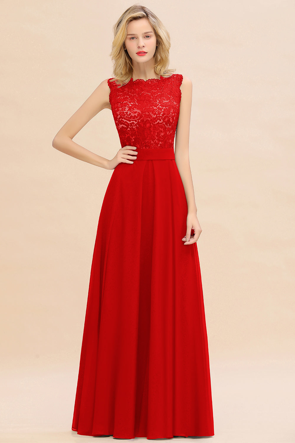 Long A-line Chiffon Lace Sleeveless Bridesmaid Dresses