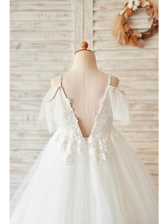 White Long Ball Gown Sleeveless Tulle Birthday Party Girl Dresses with Appliques Lace