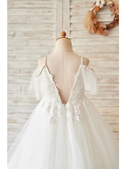 White Long Ball Gown Sleeveless Tulle Birthday Party Girl Dresses with Appliques Lace