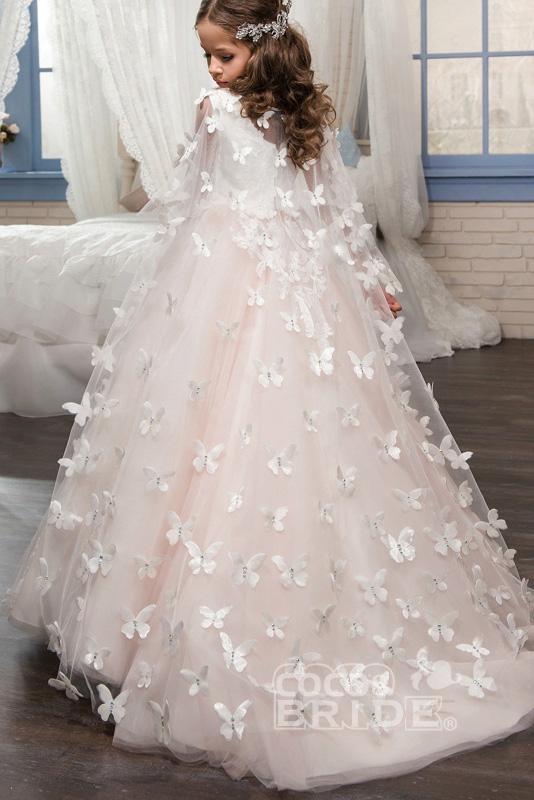 Long Tulle Lace Scoop Neck Sleeveless Ball Gown Flower Girl Dress