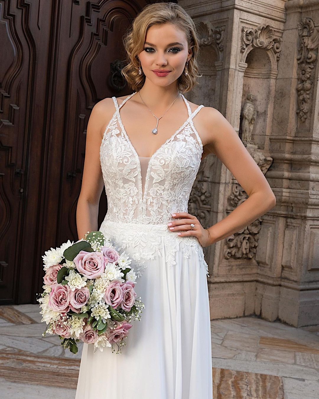 Simple Long A-line V-neck Chiffon Lace Wedding dress with Slit