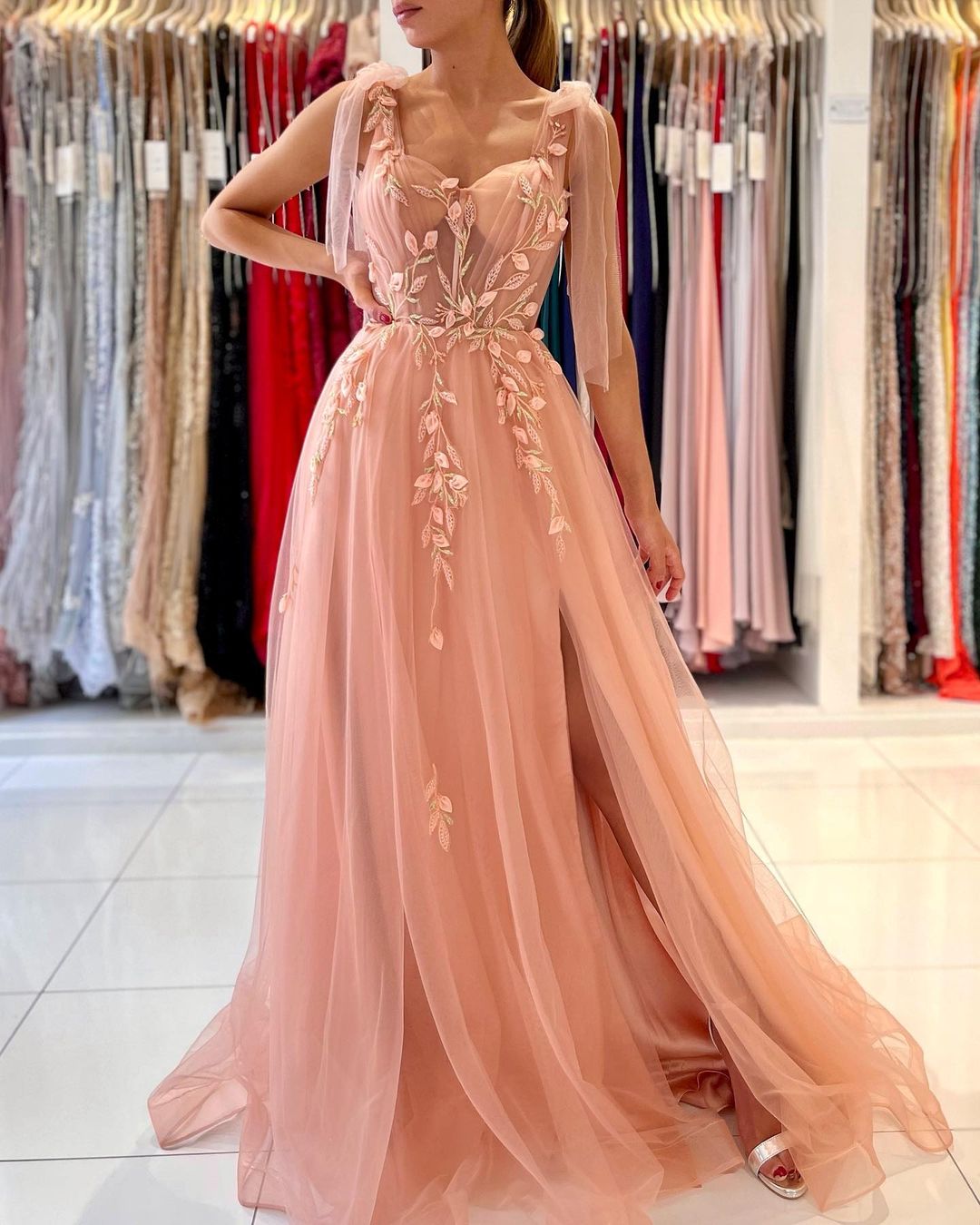 Long A-line Spaghetti Straps Tulle Prom Dress with Slit